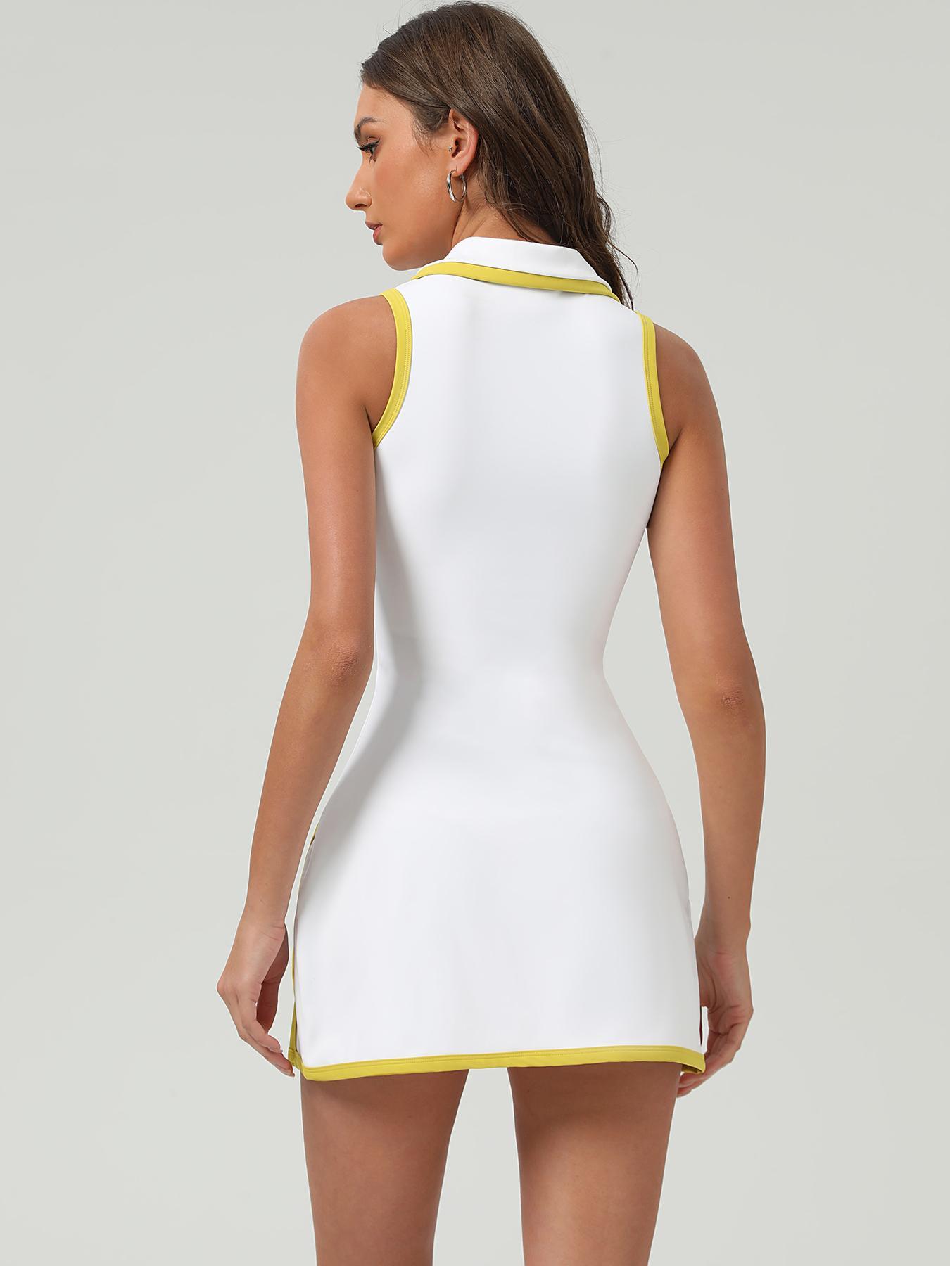 Women's Colorblock Collared Tennis Dress, Casual Sleeveless Zipper Side Slits Dress for Tennis, Ladies Sportswear for All Seasons, Tennis Athletic Dress, Tennis Attire