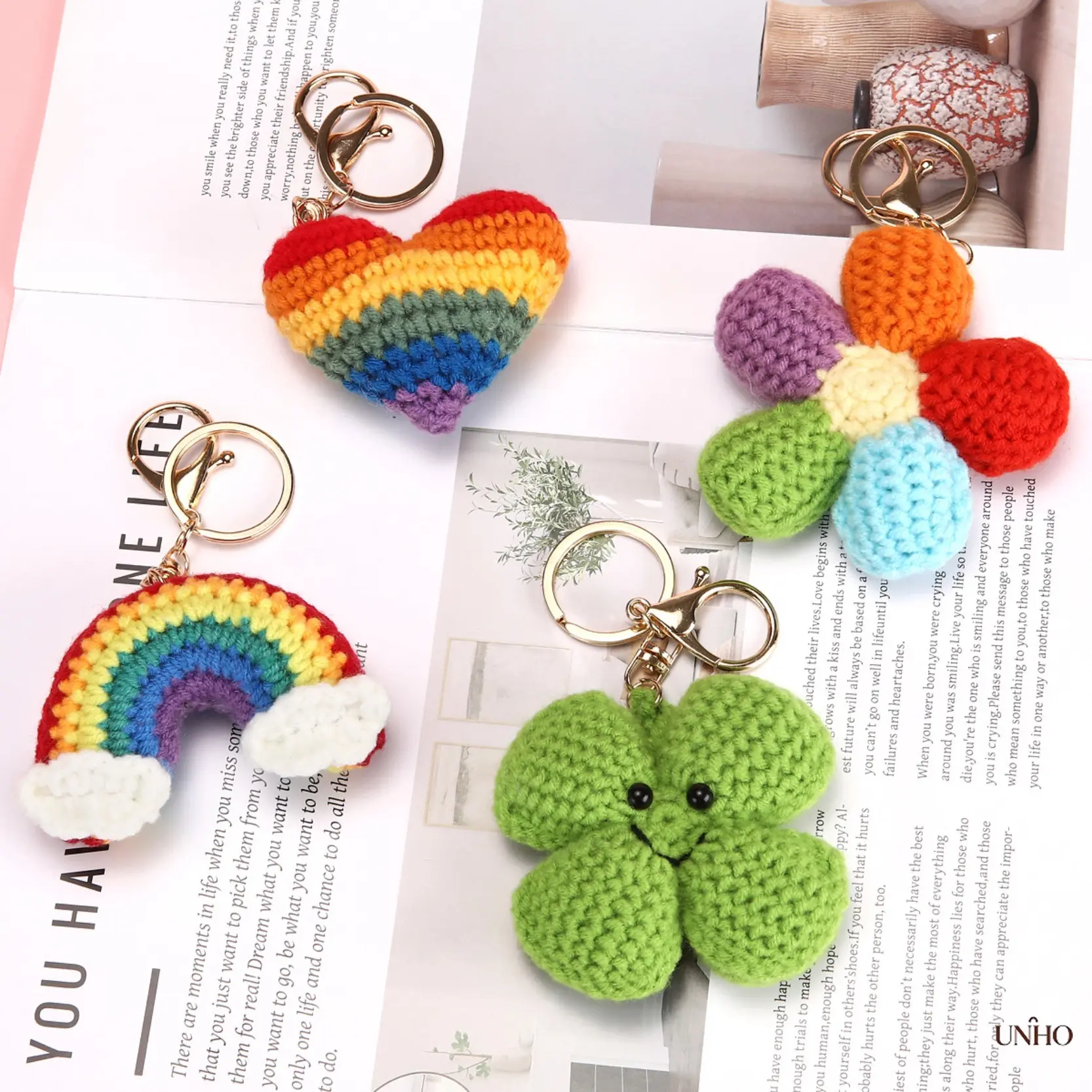 Handmade Crocheted Yarn Charm Keychain - Bag Accessory with Colorful Heart, Rainbow, Clover & Flower Pendants, Cute Decor for Luggage & Bags, Ideal Holiday Gift for Girls, Bag Accessories