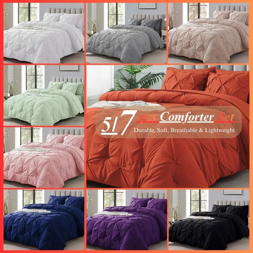 5/7 PCS Pintuck Pinch Pleat Bed in a Bag, Queen/King Size All Season Complete Bedding Comforter Set with Comforter, Flat Sheet, Fitted Sheet, Bed Sheet, Pillowcases & Shams, Local Warehouse