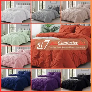 5/7 PCS Pintuck Pinch Pleat Bed in a Bag, Queen/King Size All Season Complete Bedding Comforter Set with Comforter, Flat Sheet, Fitted Sheet, Bed Sheet, Pillowcases & Shams, Local Warehouse