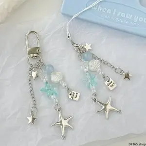 Star And Sea Star Metal Beaded Wrist Lanyard Smooth Polished Alloy Charms Secure Connect Clasp Lightweight Slim Strand For Cellphone Digital Camera Card Holder Key Daily Minimalist Sweet Decorative Portable Accessory