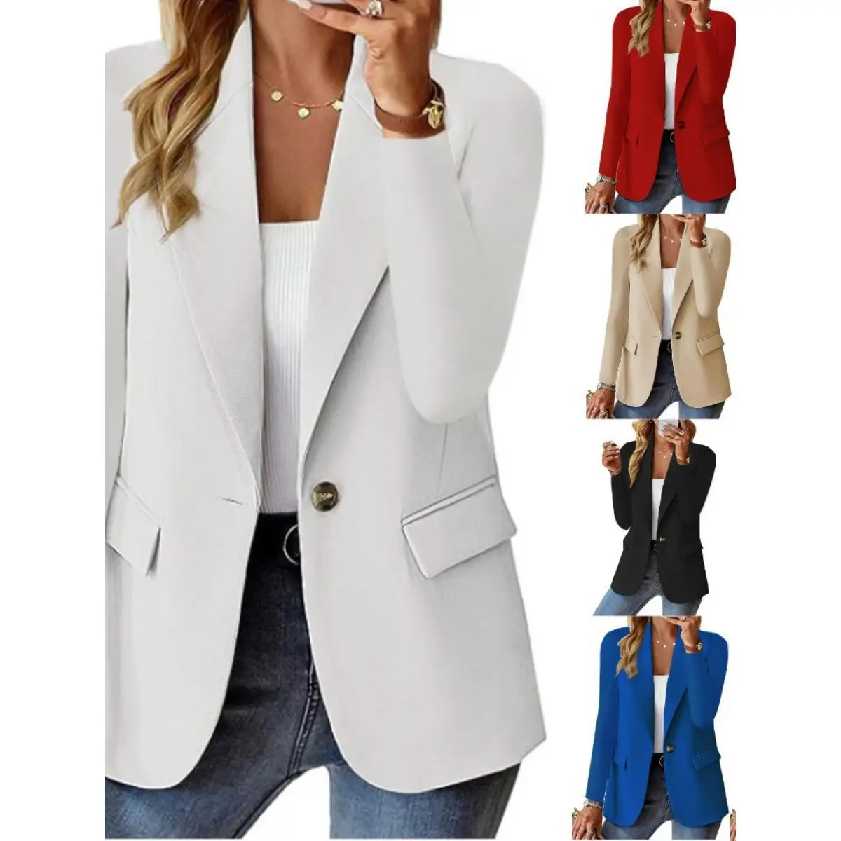 Women's Casual Blazers with Open Front, Long Sleeve, Suitable for Work and Office, Blazer with Fitted Design, Basic Lapel Collar, Button Design, and Pockets