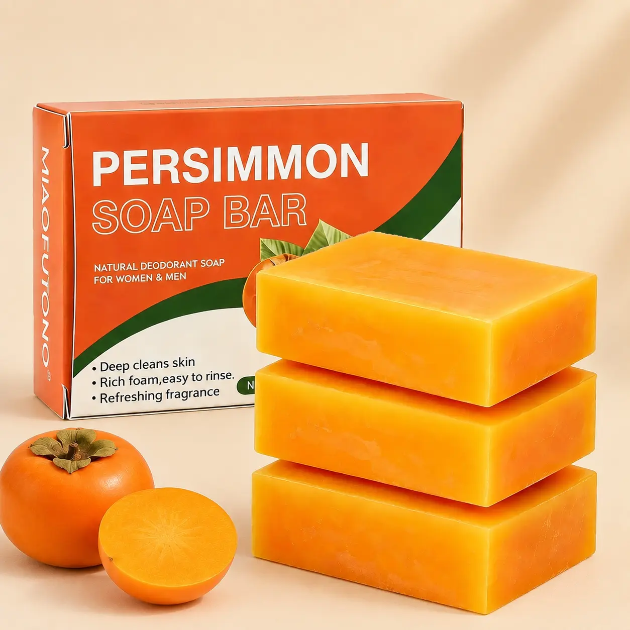 3PCS Persimmon Soap Bar for Old People Smell, Body Odor Control, Natural Deodorant Soap, Scented Soap Bar, Japanese Persimmon And Natural ingredients, Deep cleanse with lasting fragrance, Daily body care, Body Hygiene Products