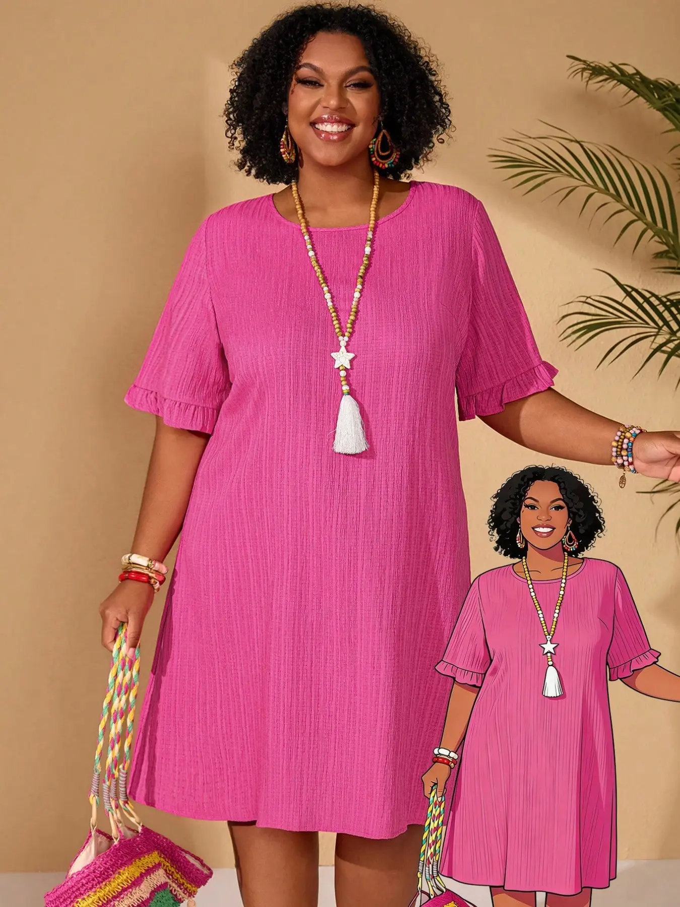 Textured Bohemian Short Sleeve Ruffled Straight Dress, Casual Wear Round Neck Ruffle Hem Loose Fit, Four Colors Available, Summer Vacation Commute Versatile Dress