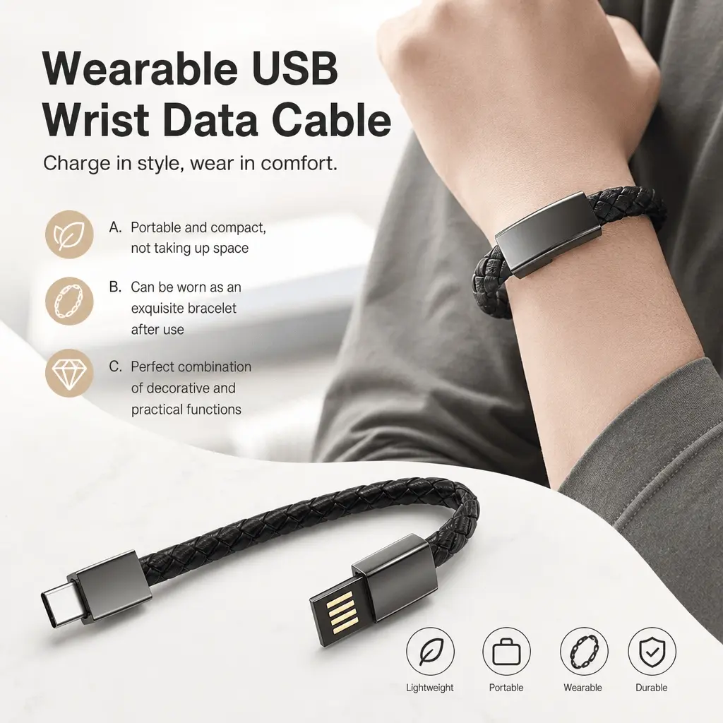 Wearable Braided Charging Bracelet | Fast Charge & Data Sync, Genuine Leather Strap, Tangle-Free Cable, Comfortable & Stylish, Portable Wristband Charger for iPhone & Android