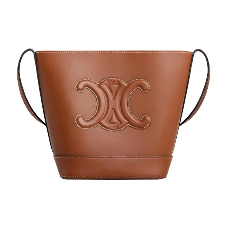 Celine Cuir Triomphe Embossed Smooth Leather Bucket Bag for Women, Small, Tan