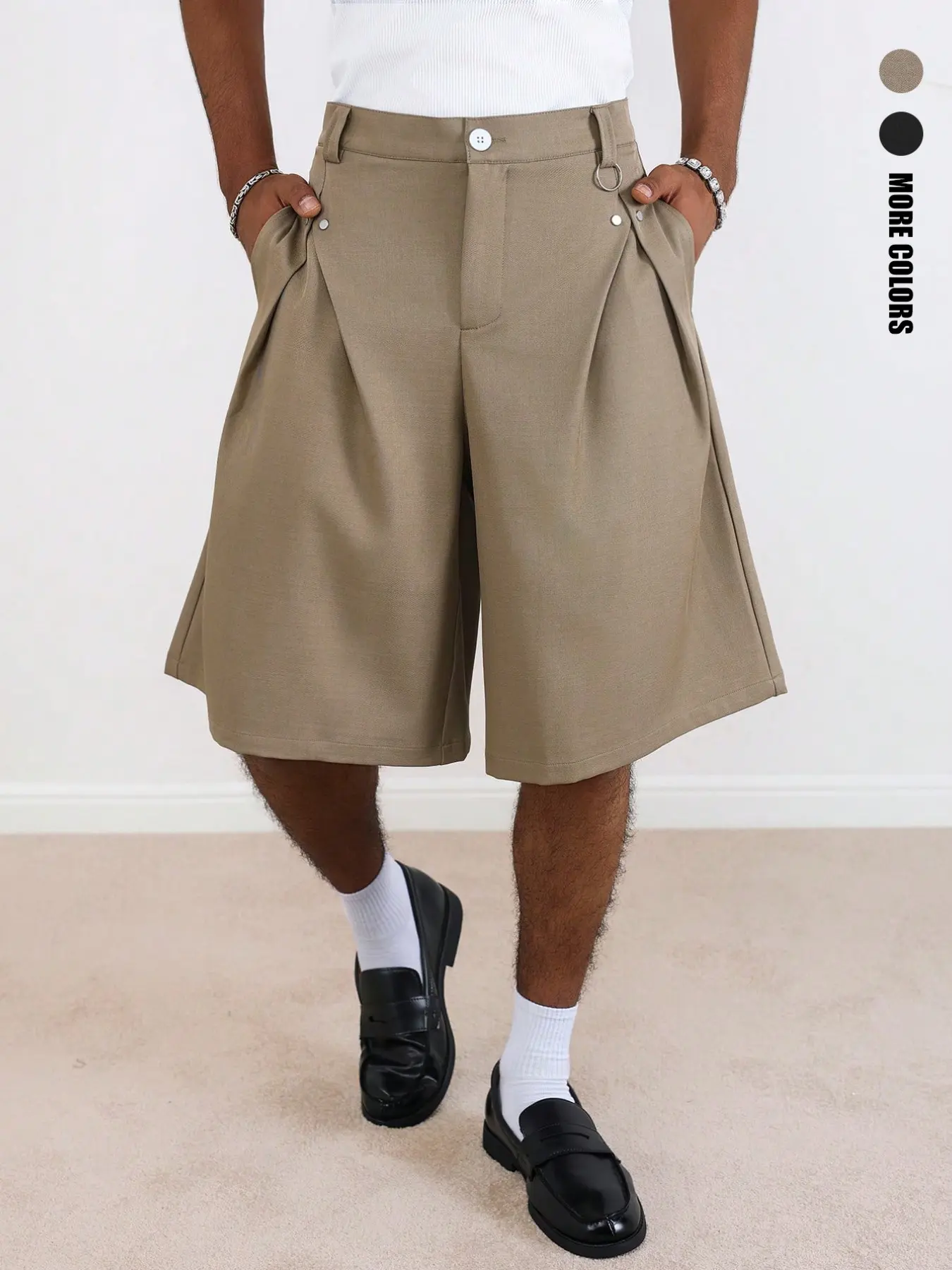 Men's Summer Commute Street Style Pleated Wide-Leg Suit Shorts, Versatile Casual Wear for Home, Work, Outdoor, Campus