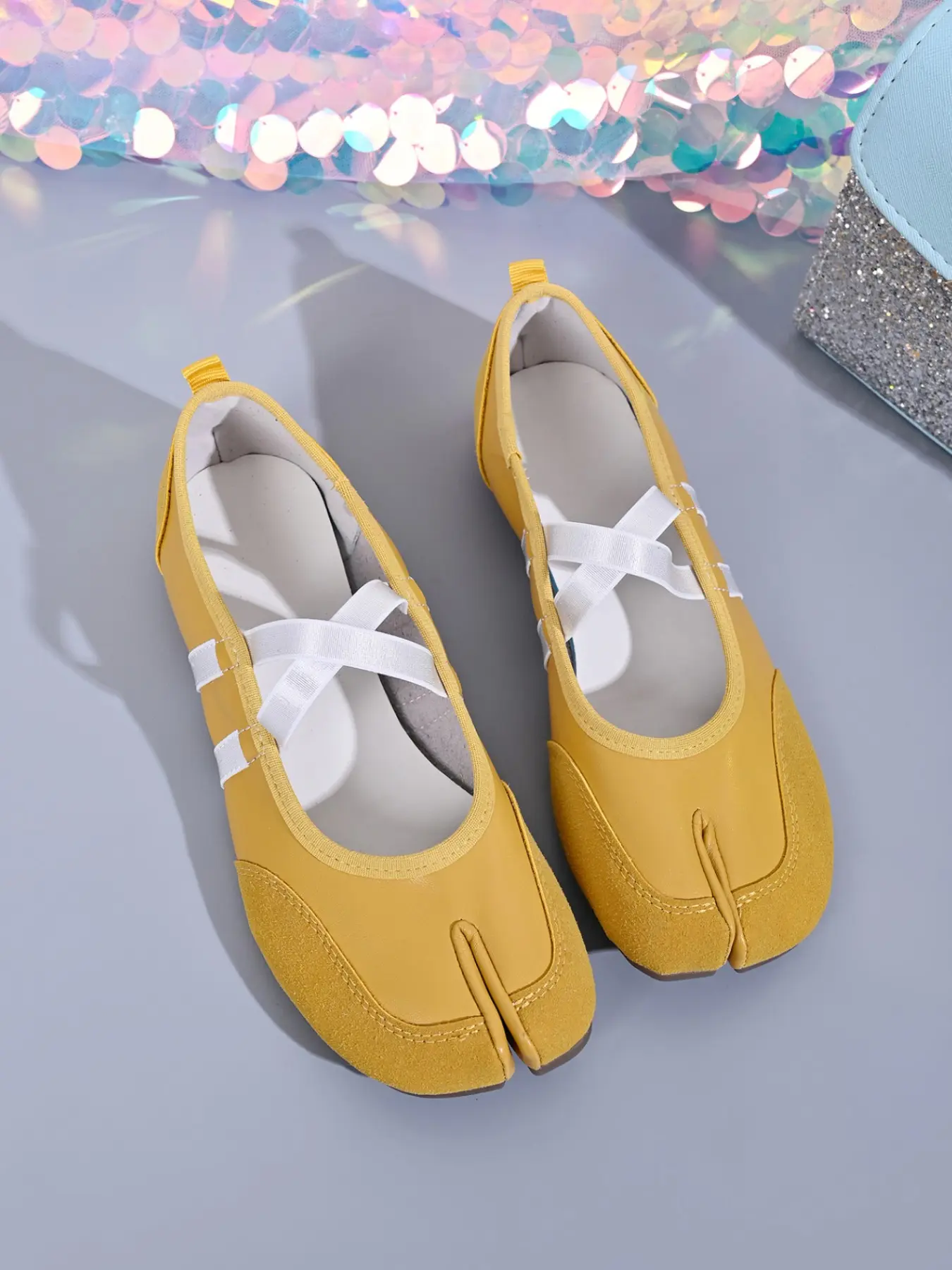 Split-Toe Cross Strap Ballet Flats for Women - Tabi Style Slip-On Shoes, Casual Flat Shoes in Black, Red & Yellow
