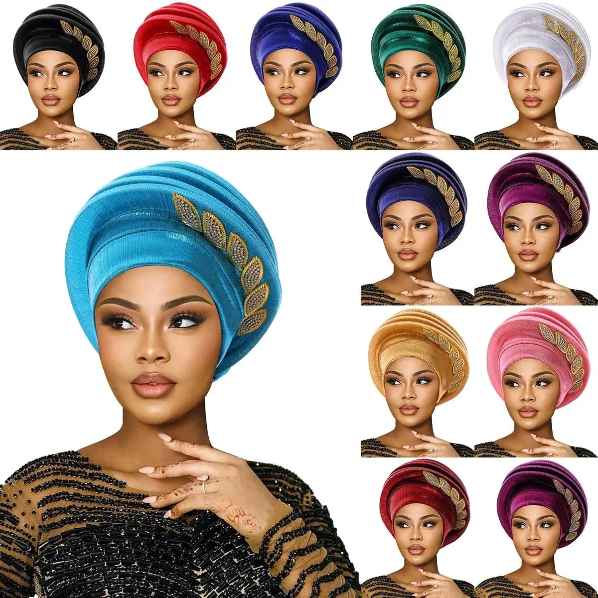 African Auto Gele Turban Hat Pre-Made Shiny Crinkle Fabric Beret Head Wrap with Rhinestone Leaf Appliqué for Nigerian Women Party Church Headwear, Accessories For Women, Hats For Women