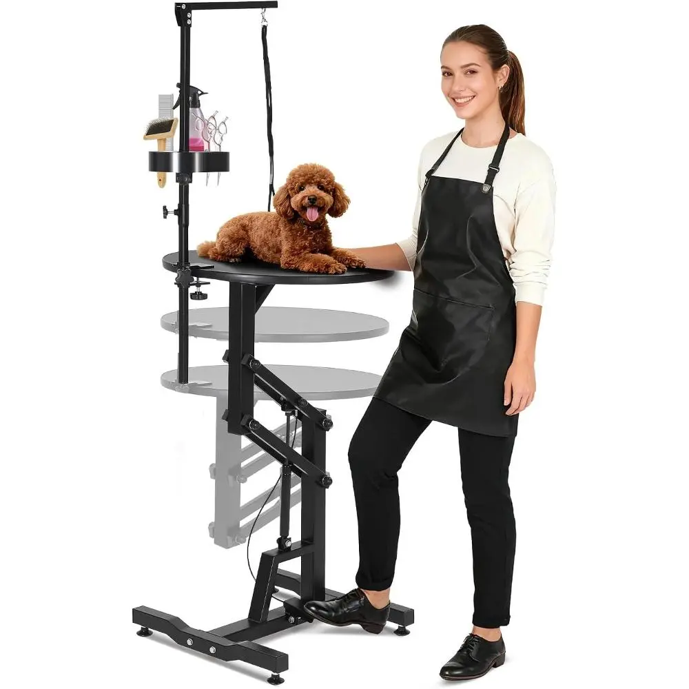 24-inch Adjustable Height Dog Grooming Table with Solid Steel Frame - Hydraulic, Foldable, Rotating Non-Slip Desktop, Adjustable Arm, Portable for Dogs/Cats, 250LBS Capacity, for Dressing, Beauty/Hair Care, with Portable Storage Box