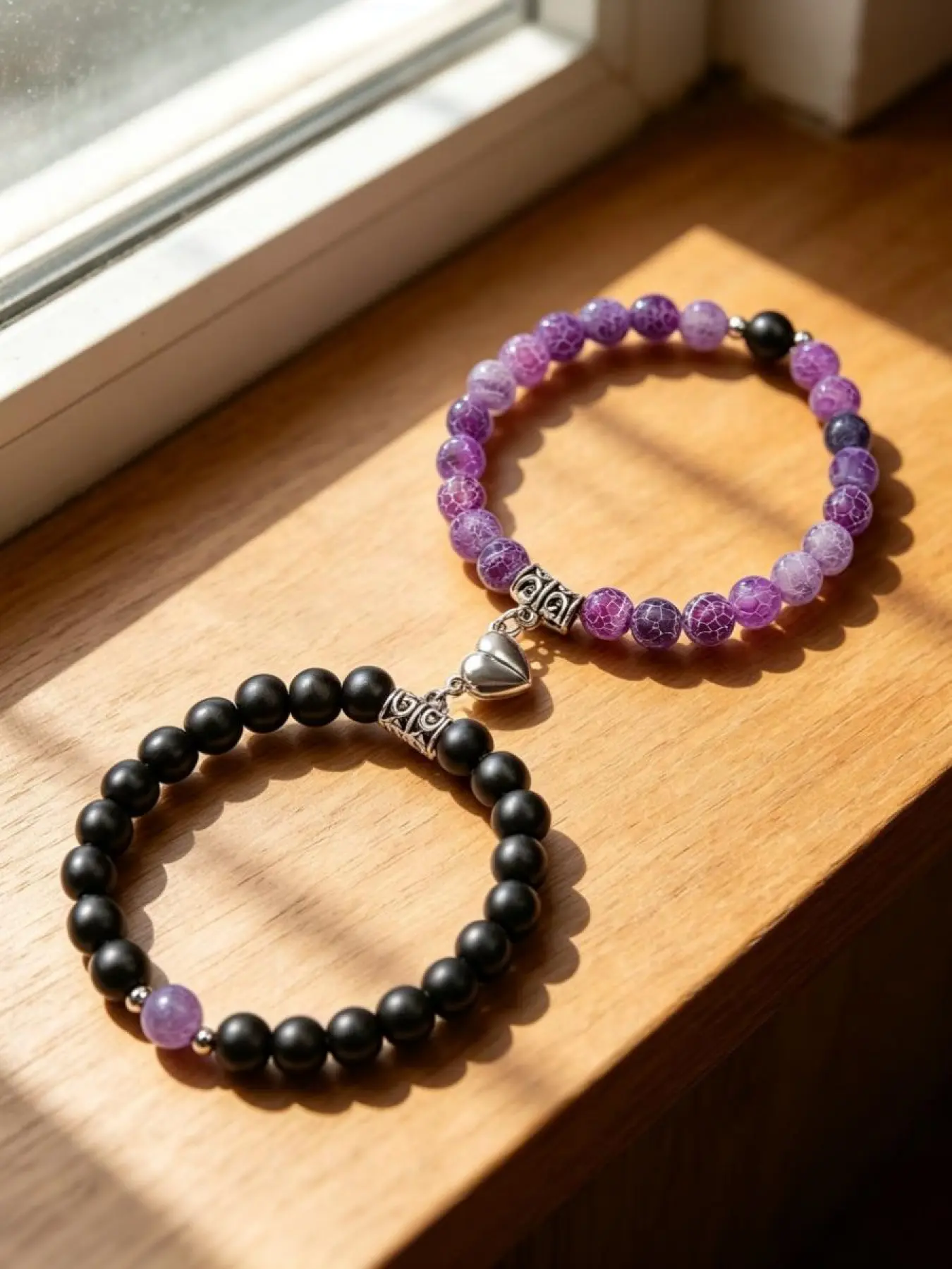 2-Piece Magnetic Heart Couple Bracelet Set, Bracelet for Couples, Purple Crackle Agate & Matte Black Beaded Bracelets, Matching Distance Jewelry for Long-Distance Partners, Ideal Romantic Valentine Day Gift