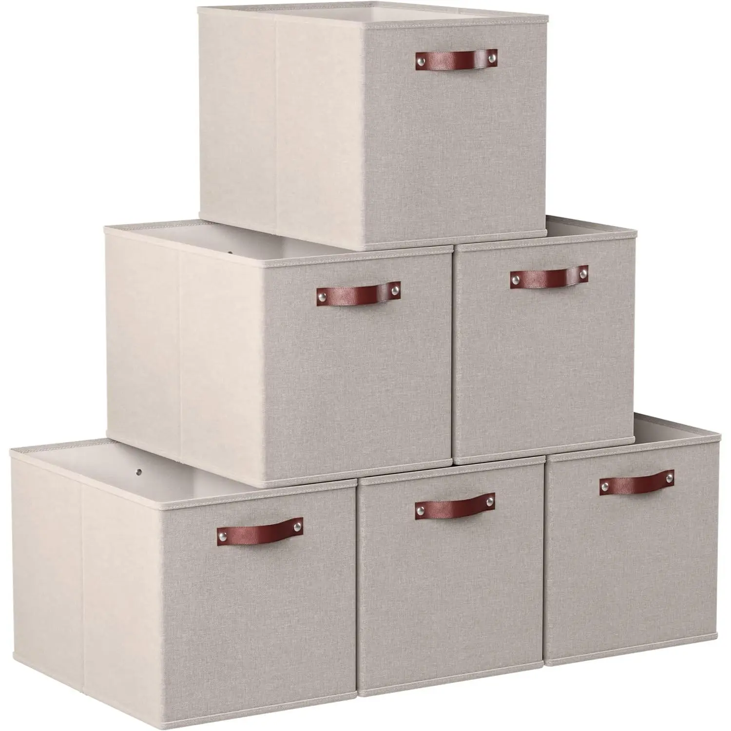 13 x 15 x 13 Kallax Storage Cube Bins, Foldable Collapsible Fabric Storage Bins Linen Shelf Basket Cube Organizer for Closet with Leather Handles, 6 Pack, Beige