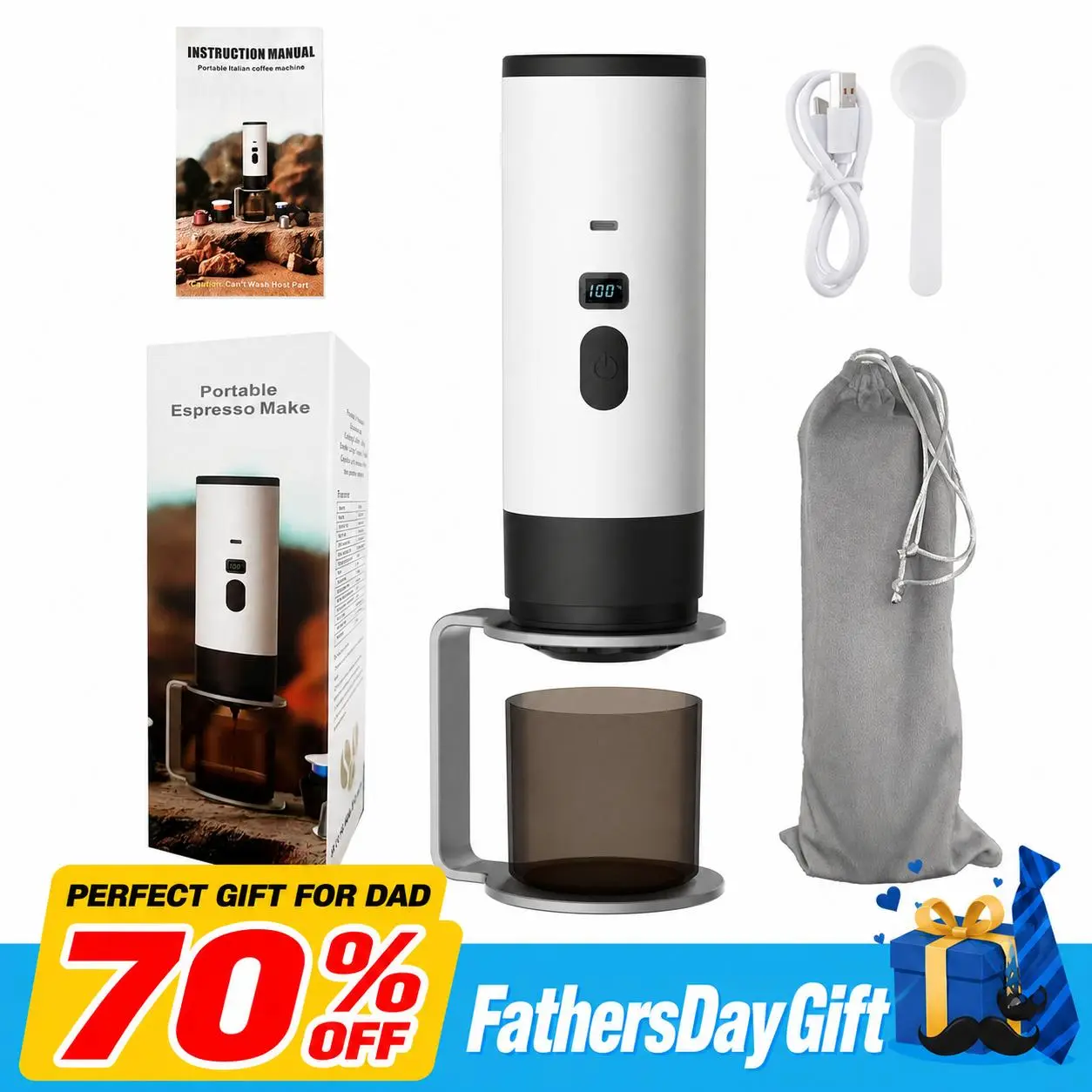 【FathersDayGift】Travel Espresso Machine - Mini Capsule Coffee Maker for Home & On-the-Go - Electric, Compact - Black & White Options