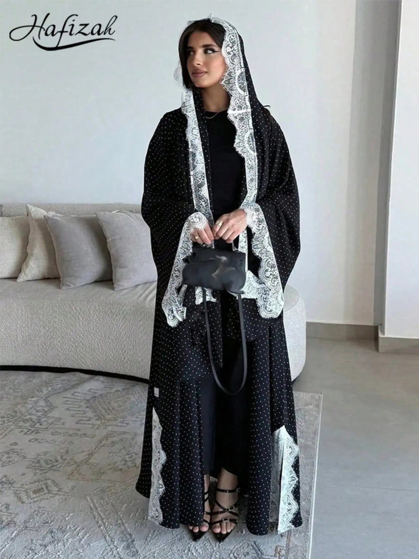 Hafizah Polka Dot Lace Trim Long Cardigan Scarf Set, Loose-Fitting Casual Outerwear for Women, All-Season Plain Design