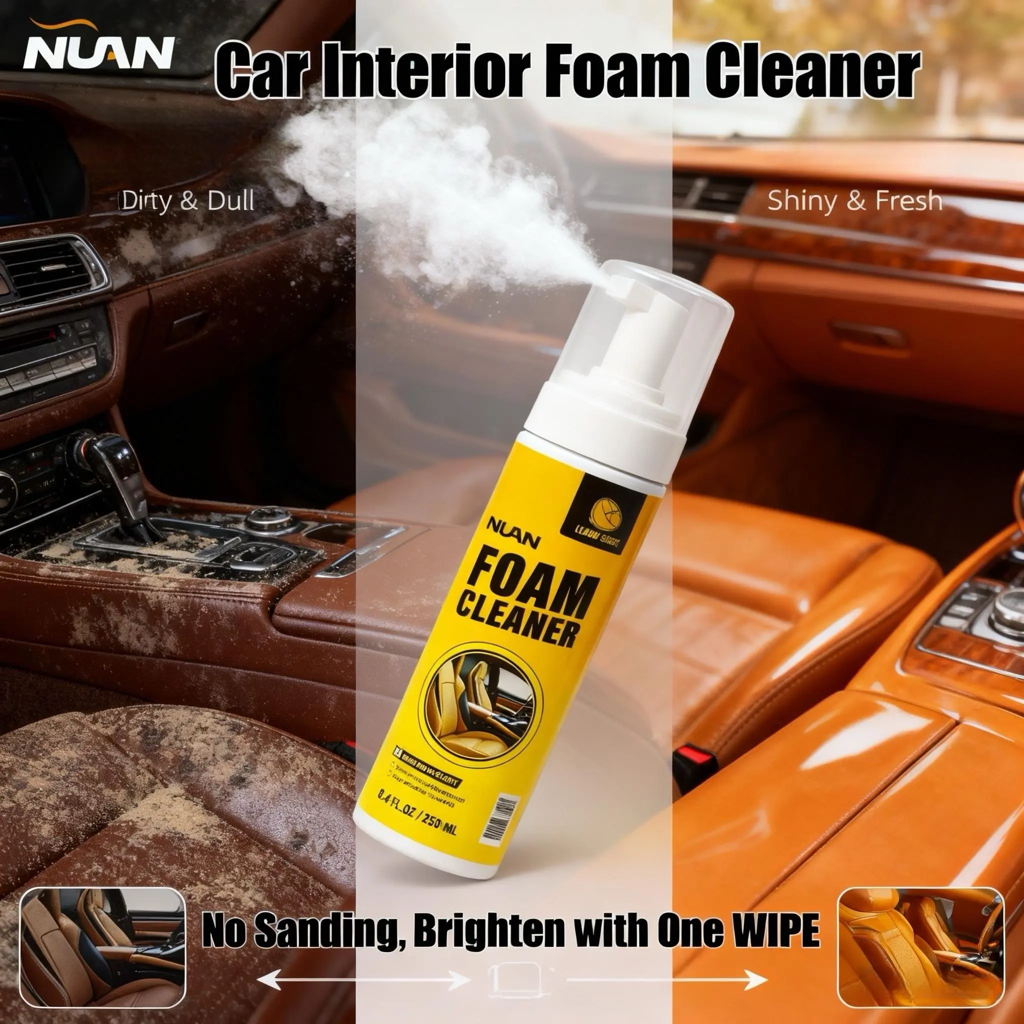 NUAN Multi-Purpose Foam Cleaning Spray - Car Interior Surface Cleaner for Leather, Plastic & Headliner Care