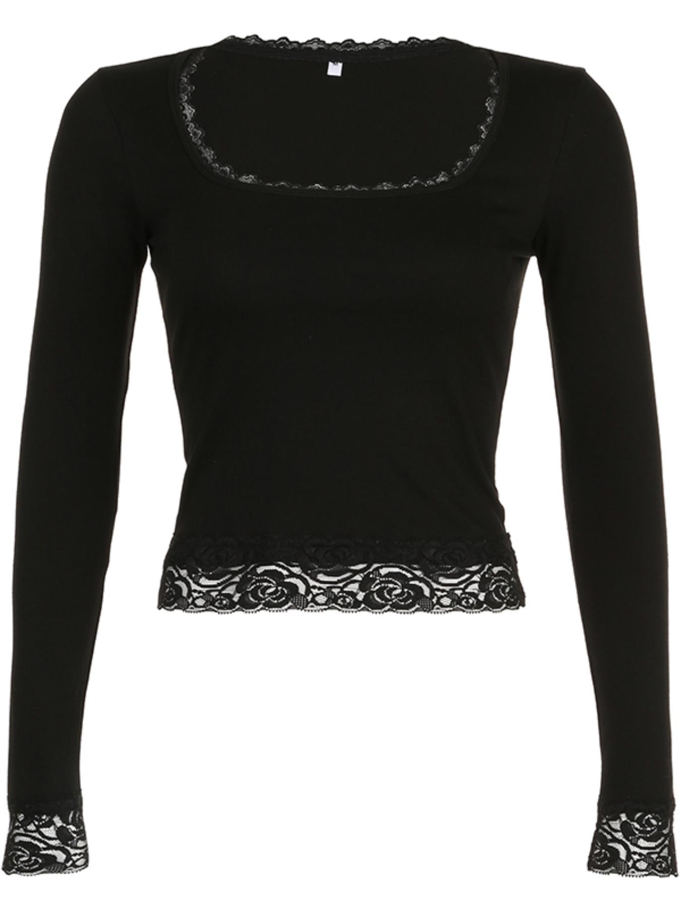 Women's Vintage Y2K Aesthetic Contrast Lace Square Neck Crop Tee, Women's T Shirts, Womenswear, Streetwear, Lady, Street Casual Solid Long Sleeve Slim Skinny Top for Fall, Spring, Please Purchase A Size Up