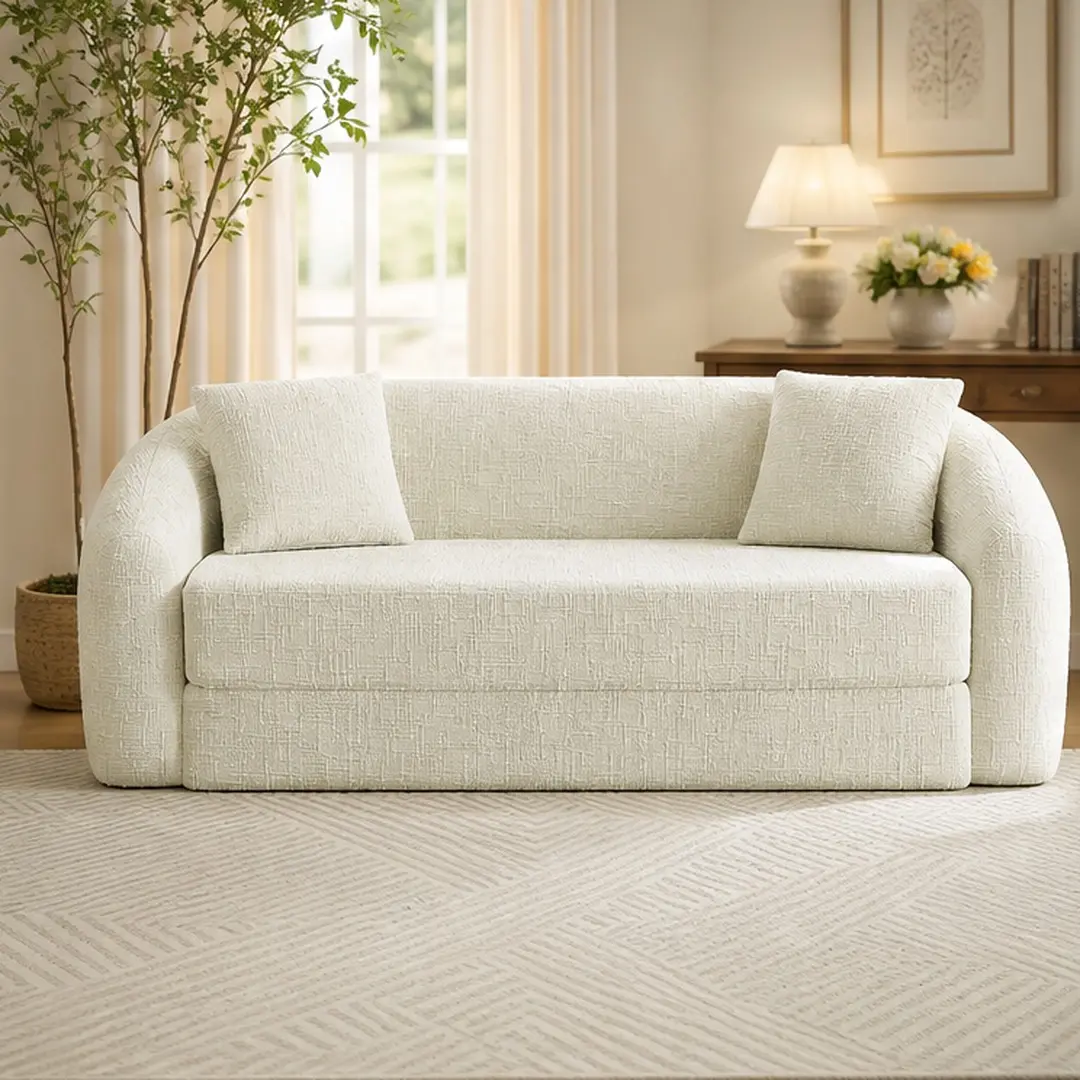 ARCH 87-Inch Curved Convertible Sofa Recliner 2-in-1 Fold-Out Sofa Bed with Pull-Out Base Deep Seat Chenille Beige Two-Seater Couch with Pillows No Assembly Required for Living Room, Beige Color Options, Chenille Material, 2 Seat Seat Count