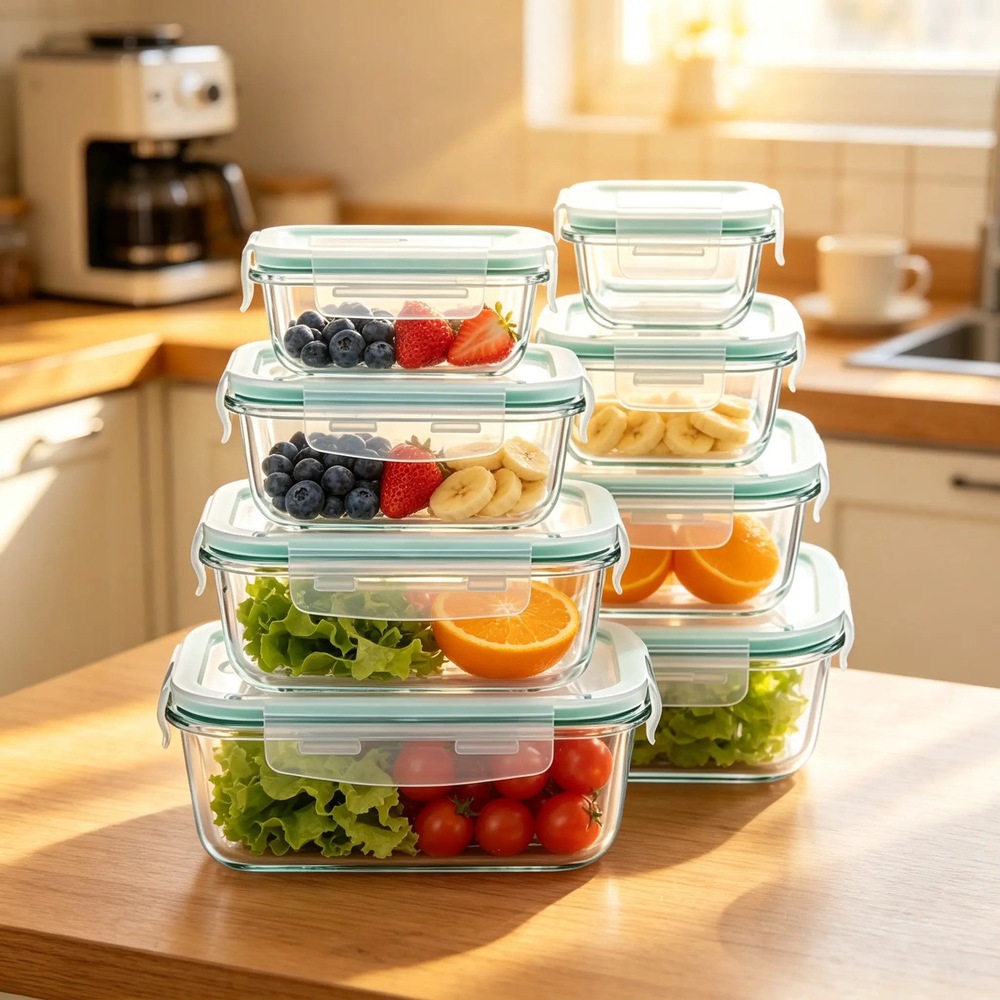 8-Pack Rectangular Glass Food Storage Containers with Lids, Airtight Snap-Lock Closures, Leakproof Stackable Meal Prep Boxes, Microwave Freezer Dishwasher Safe, BPA-Free