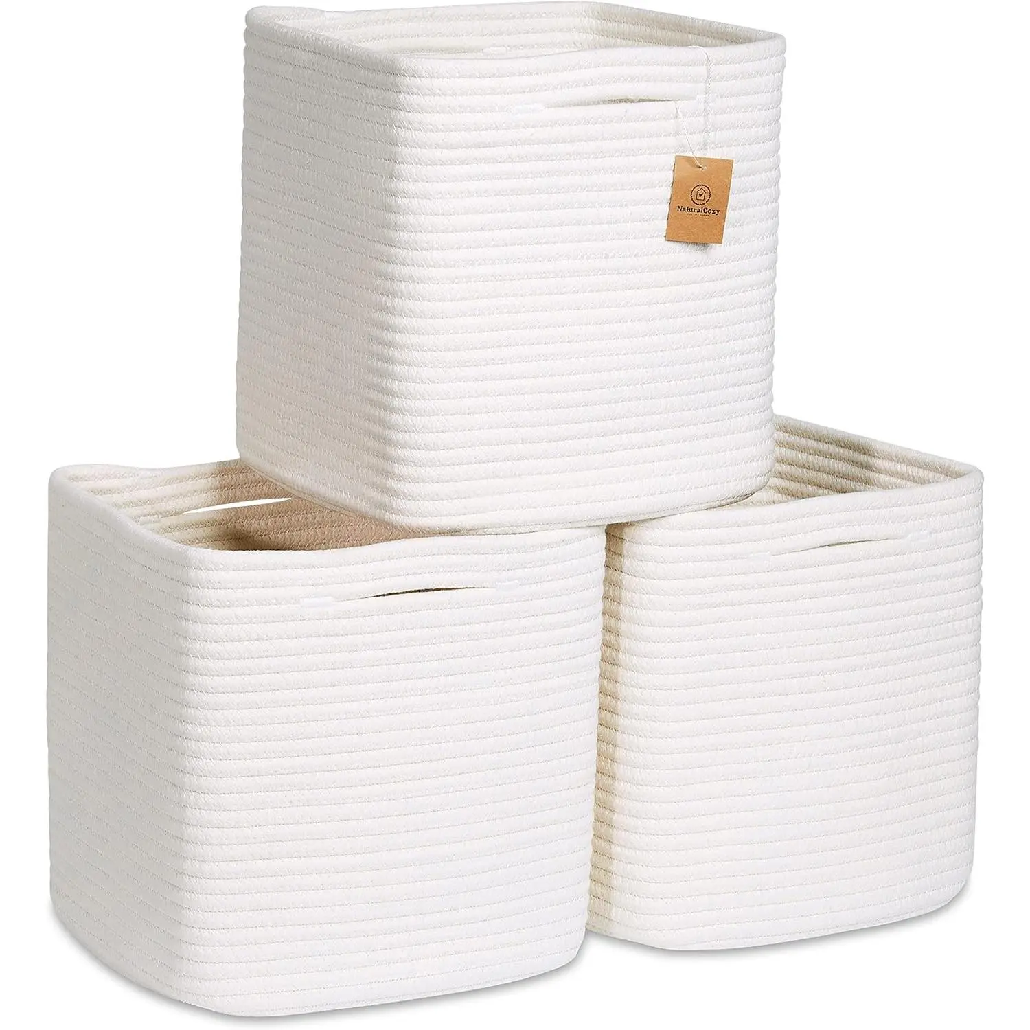 Storage Cubes 11 Inch Cotton Rope Woven Baskets for Organizing, 3-Pack | Cube Storage Bin | Square Storage Baskets for Shelves Organizer, Classroom, Kids Toy Bins, Closet, Baby Nursery