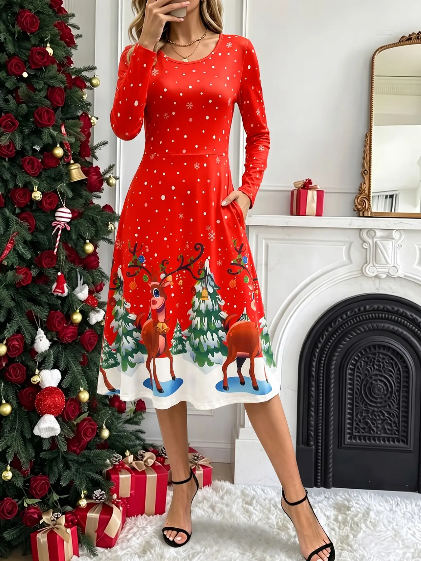 Women's Christmas Dress, Snowflake Reindeer Print Midi Dress, Long Sleeve Side Pocket A-Line Skirt, Elegant Party Wear, Evening Party Dresses