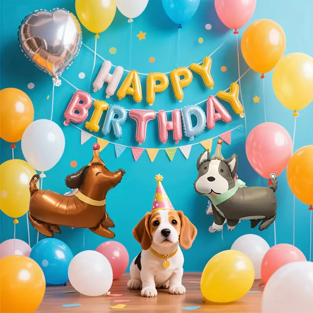 Cute Birthday Hat Puppy Aluminum Film Balloon, Cartoon Dachshund Husky Balloon, Very Suitable for Dog Birthday Party Decoration