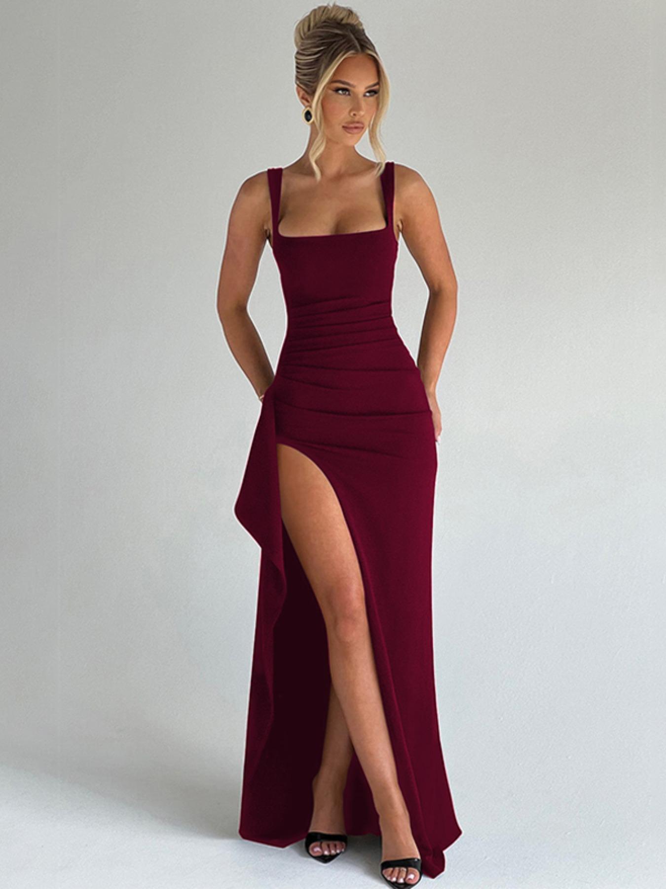 Women's Solid Color Ruched Side High Slit Sleeveless Bodycon Dress, Sexy Backless Square Neck Formal Dress, Evening Gown for Parties, Clubs and Dates, Elegant Long Dress for All-Season Daily Wear