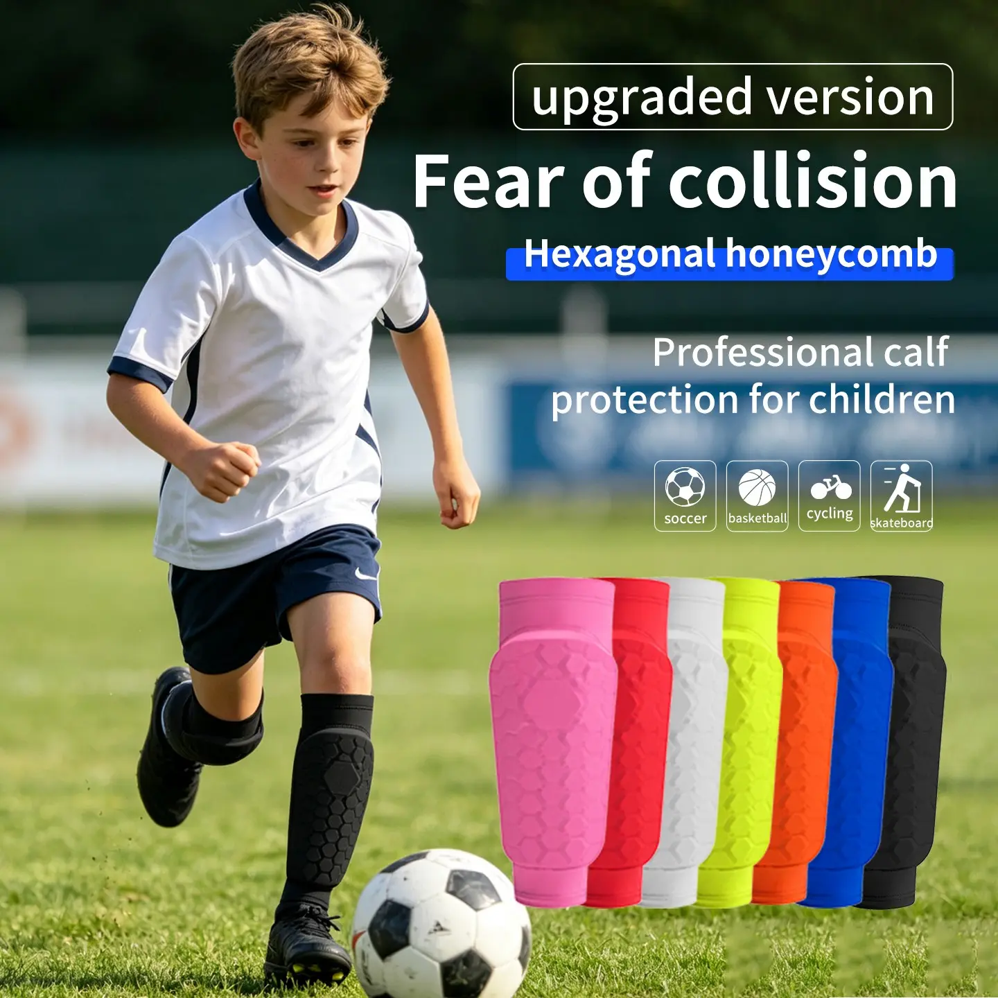 Youth Soccer Shin Guards, Hexagonal Honeycomb Shock Absorption Eva Ankle Protection, Elastic Non-Slip Football Shin Guards for Kids Training, Soccer Equipment, Soccer Gear