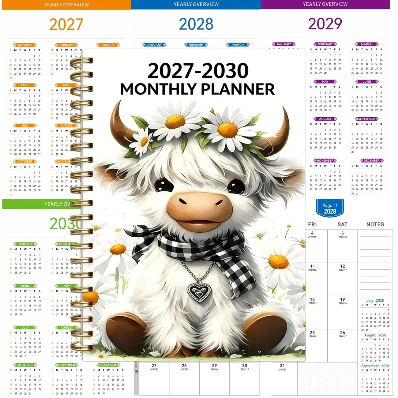 2027-2030 Monthly Planner, Highland Cow Design, 48-Month Calendar Planner Notebook Monthly/Weekly/Daily Planner 2027 Long-Term Schedule Book, Suitable For Goals, Work Meetings, School Schedules, Appointments And To-Do Lists, Back To School Supplies Office