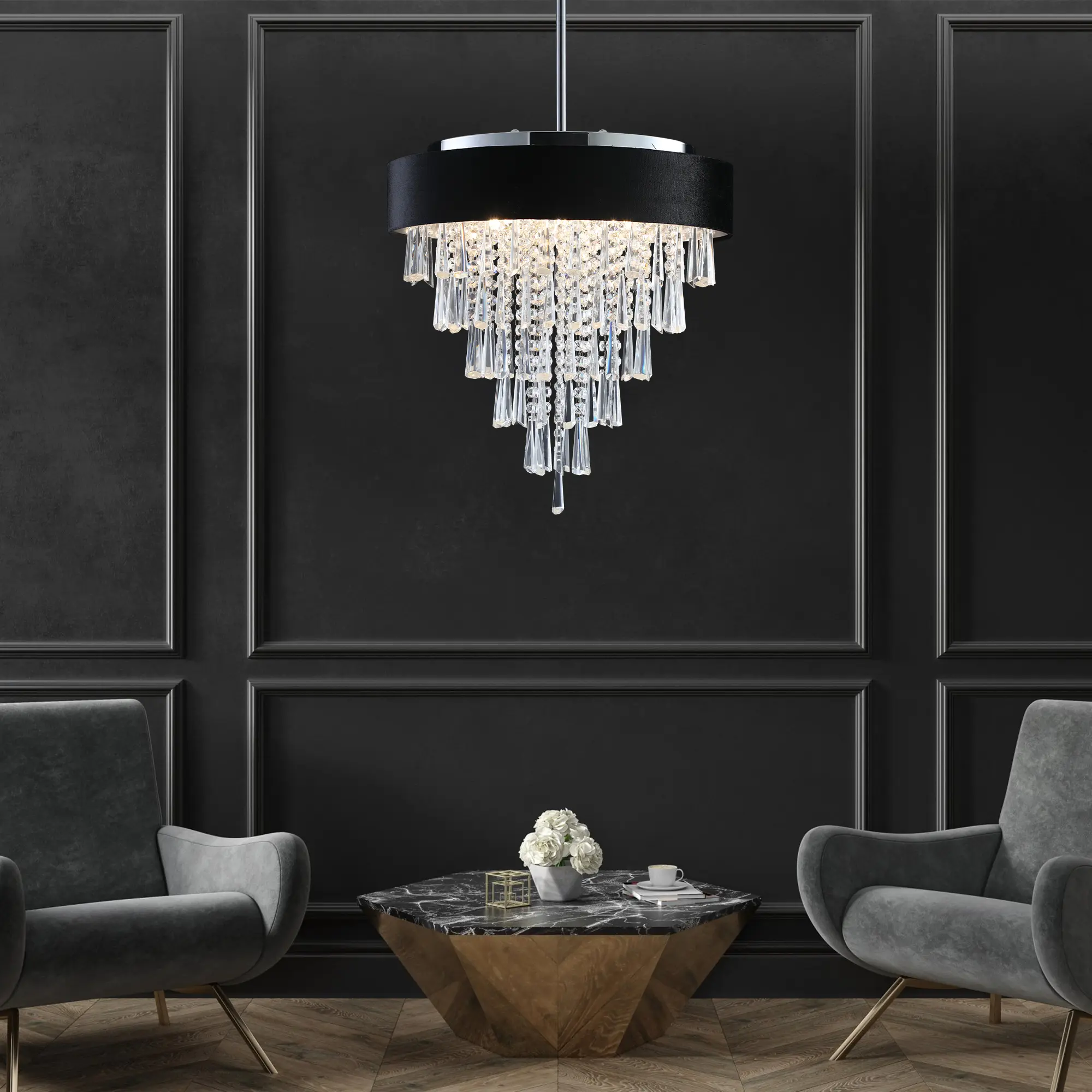 ARCH 18-Inch Modern Crystal Chandelier 8-Light G9 Base Adjustable Height Pendant Light Fixture with Black Imitation Velvet Anti-Glare Shade for Dining Room Living Room Bedroom Kitchen Entryway Foyer Hallway Bulb Not Included, Living Room Table for