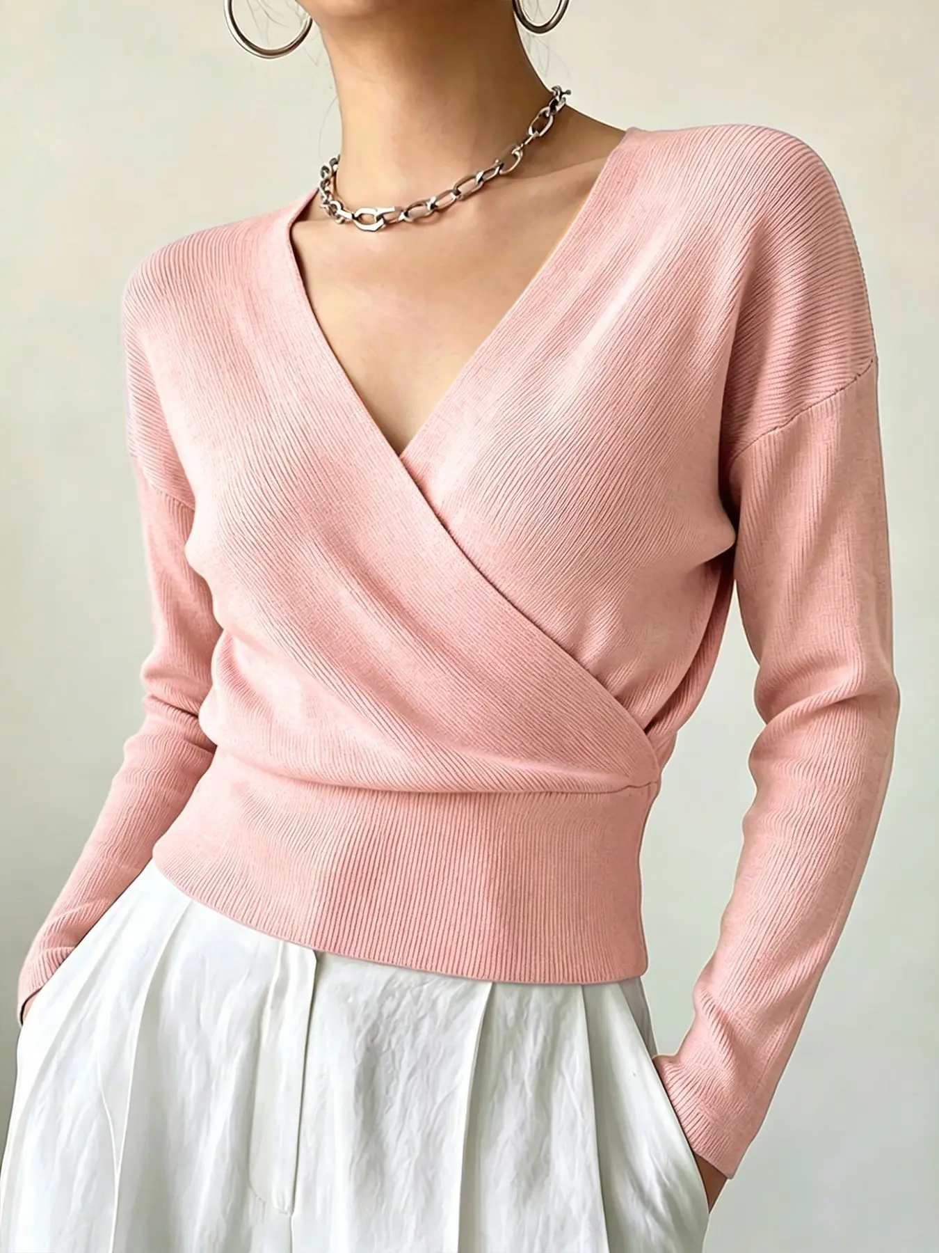 Cross Wrap V Neck Long Sleeve Sweater, Fitted Waist Short Style, Elegant Solid Pattern, Chic Women's Knit Top for Daily Commute
