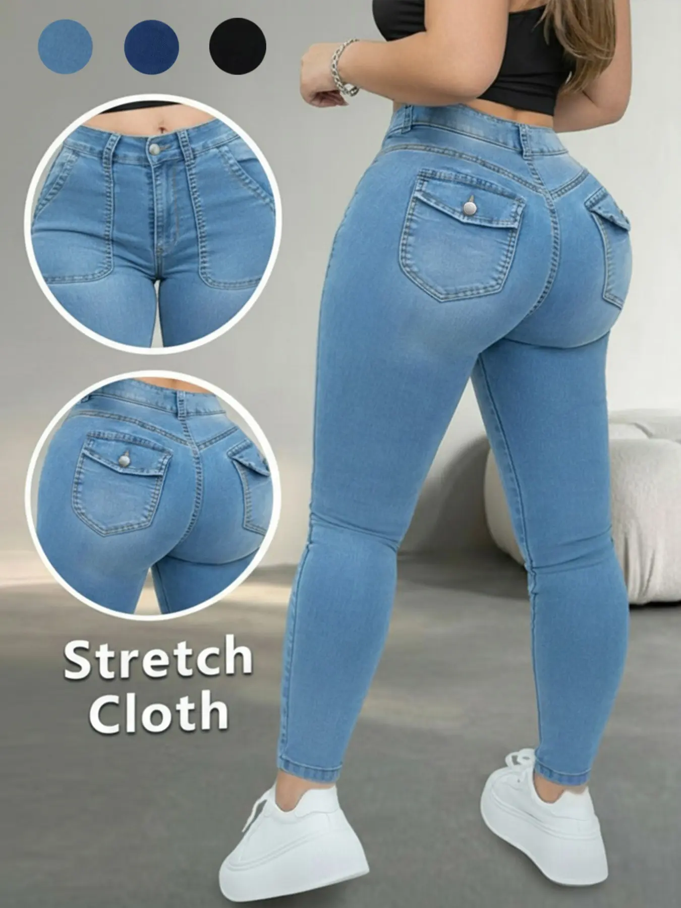 Women's Stretchy High-Waist Skinny Jeans with Pockets, Slim-Fit Denim Pants for Daily Wear, Versatile Bottoms, Ideal for Pear Body Types