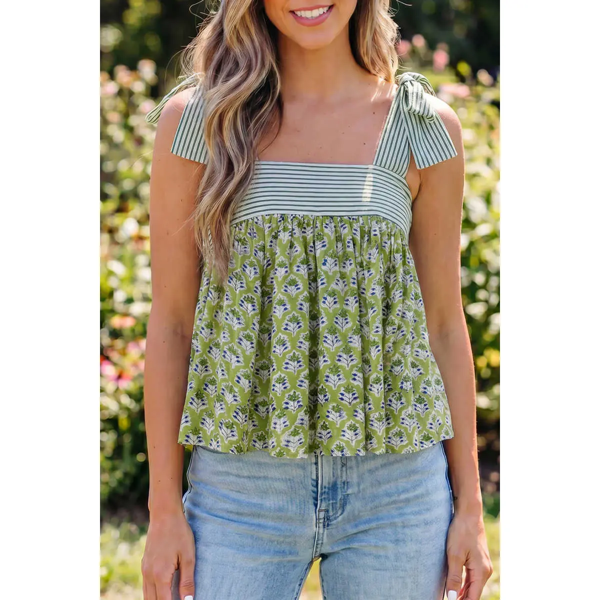 Women's Boho Babydoll Tank Top, Cute Floral and Striped Patchwork, Breezy Strappy Casual Cotton Viscose Shirt for Summer, Baby Doll Tops, Cute Casual Tops