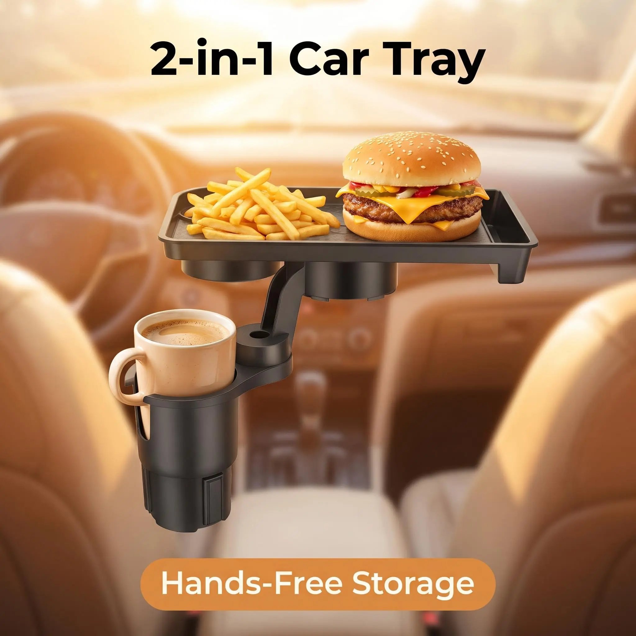 Multifunctional Car Cup Holder Expander with ABS Plastic, Adjustable Base & Removable Tray - Road Trip Home Organizer Storage Rack for Drink & Store, Fits Most Cars