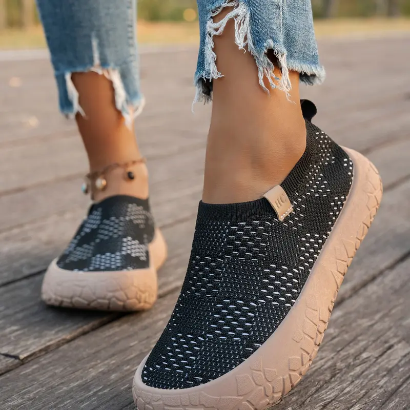 Summer Hollow Out Flyknit Slip-On Women's Shoes, Breathable Slip Ons, Casual Breathable Mesh Comfort, Anti-Slip Thick Sole Lightweight Walking Sneakers