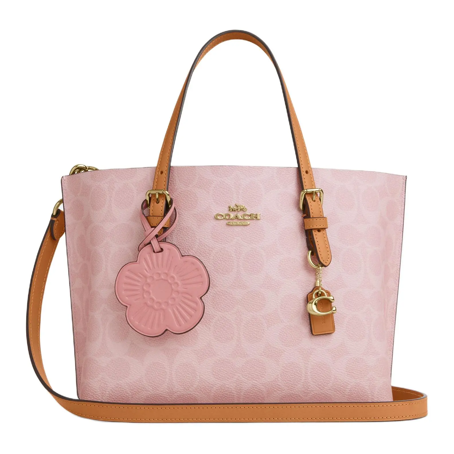 COACH Mollie 25 Tote Bag for Women – Valentine’s Limited Edition, Classic Monogram with Detachable Flower Charm, Faux Leather, Sakura Pink