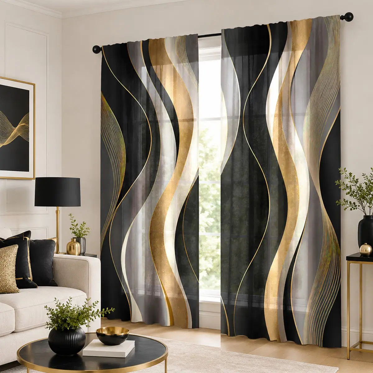 2pcs Black and gray abstract wave semi-blackout curtains with gold gilding. Modern light luxury marble textured gold-lined printed fabric curtains, Window Curtain, made of polyester, suitable for bedrooms, kitchens, studies, cafes, etc.