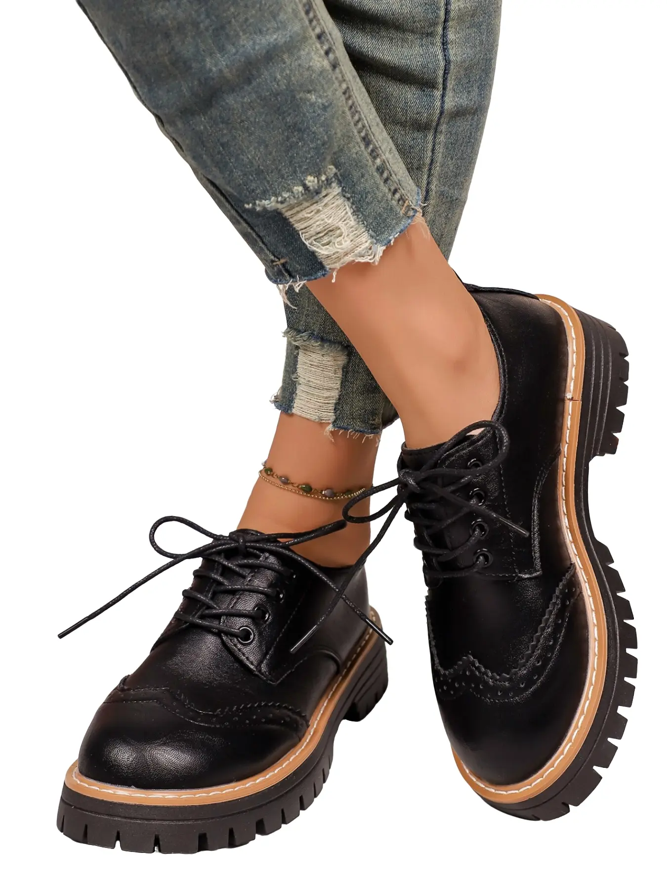 Women's Leather Brogue Shoes, Lace Up Oxfords, Casual Oxford Shoes, Thick Sole Platform, British Style Laces, College Student Commute, Height-Boosting Single Shoe