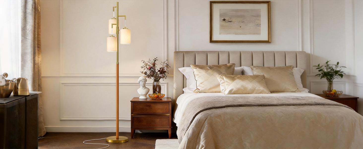 70" Wood Floor Lamp Dimmable Floor Lamps for Living Room Bedroom Mid Century Modern Floor Lamp Gold Standing Lamp Tall Lamps for Office Nursery Reading Elegant Stand Up Lamp, 3 Bulbs Included