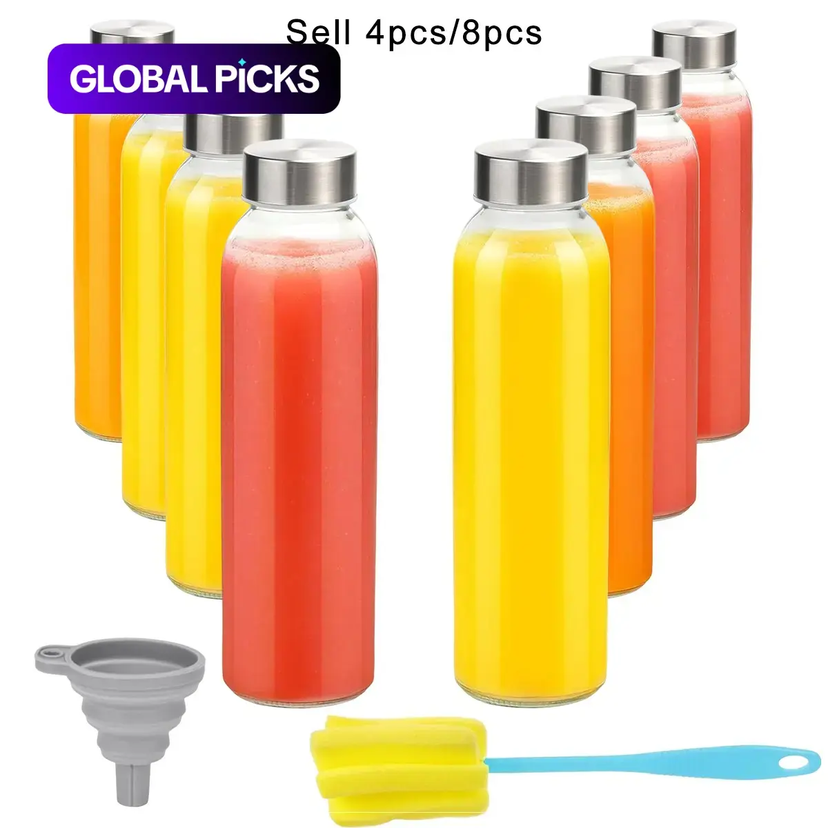 8 Pack Glass Leakproof Water Bottles with Lids, 18oz Reusable Portable Juice Bottles with Lid, Leak-Proof Juice Container