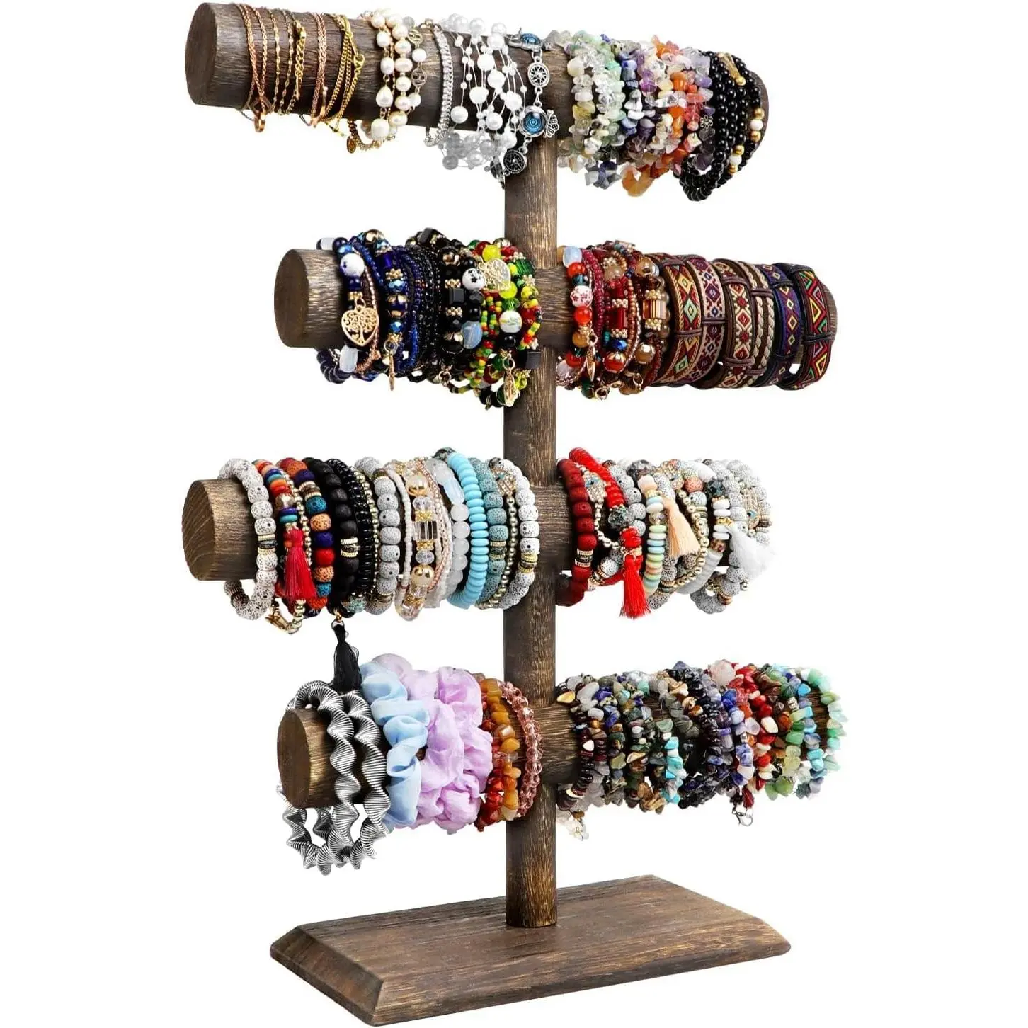 4 Tier Wooden Display Jewelry Accessory Stand Jewelry Bracelet Holder Bangle Watch Necklace Storage Jewelry Holder Stand Display Organizer (Brown-4 layers)