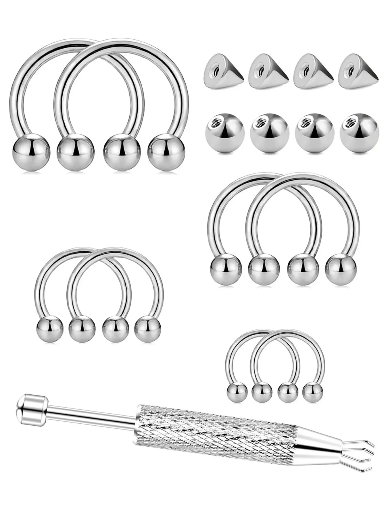 16G Horseshoe Septum Rings Nose Rings Hoops 6/8/10/12mm with Tool & Ball Grabber, Hypoallergenic for Nose, Rook, Cartilage, Helix, Lips-Silver Gold 316L Surgical Steel Septum Body Piercing Jewelry