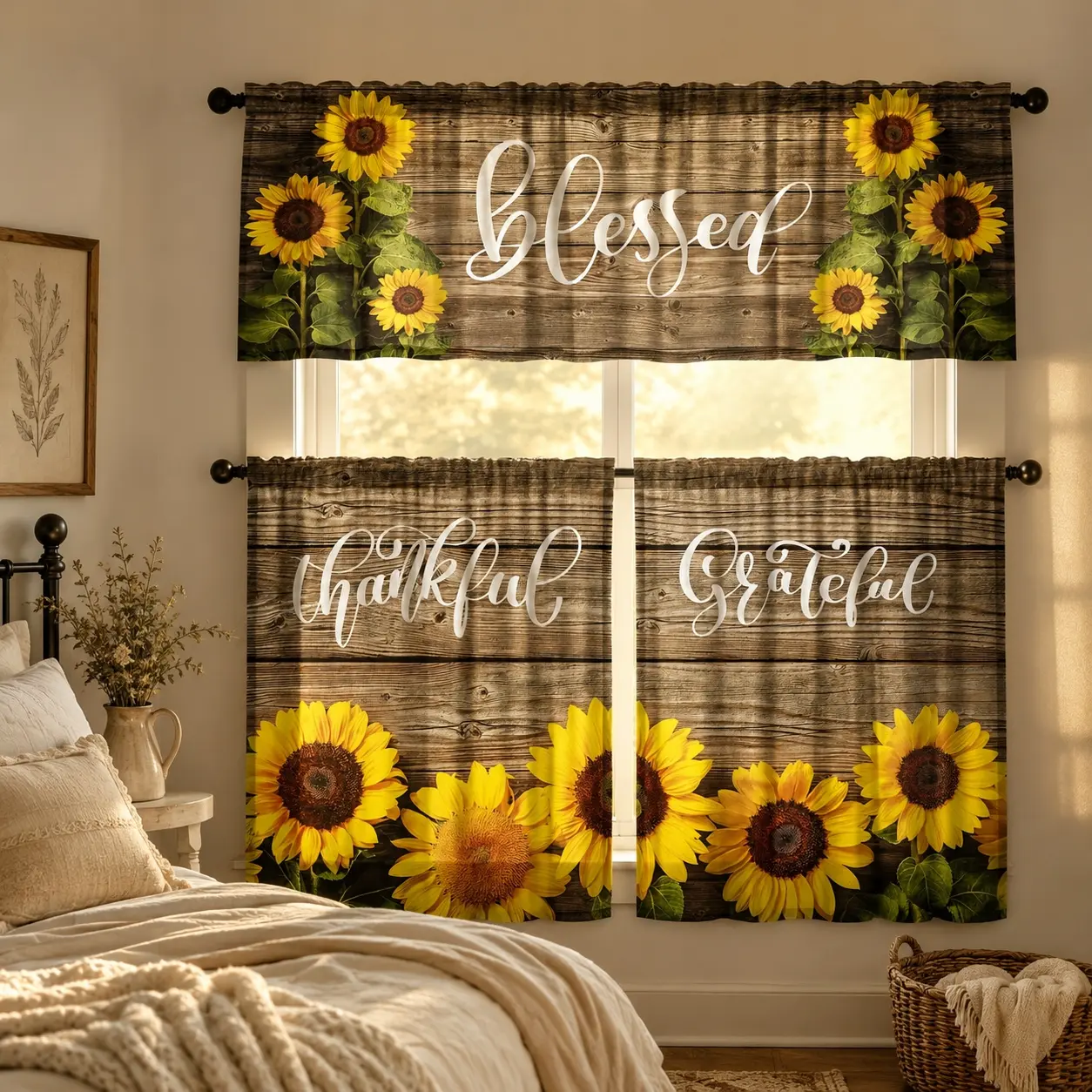 3-Piece Durable Sunflower Kitchen Curtain Set, Polyester Dustproof Fade-Resistant Spring Summer Window Drapes with Wave Valance, Yellow Floral Farmhouse Decor for Kitchen, Dining Room (1 Set, Machine Washable)
