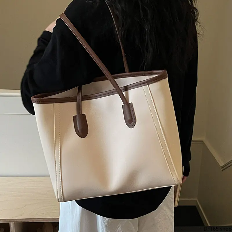 Women's Minimalist Synthetic Shoulder Tote Bag - Smooth Soft Texture, Moderate Roomy Interior, Comfortable Dual Straps, Flexible Lightweight Frame, Solid Tone for Early Autumn Daily Office Use