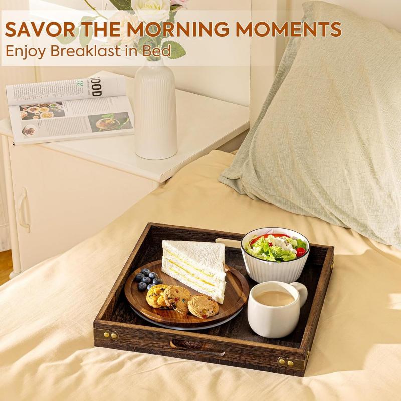 Serving Tray with Handles,13"*13"Wood Decorative Tray for Living Room,Modern Coffee Table Tray,Square Large Serving Platters for Home Decor,Ottoman,Bed,Kitchen,Bathroom, Breakfast,Bar