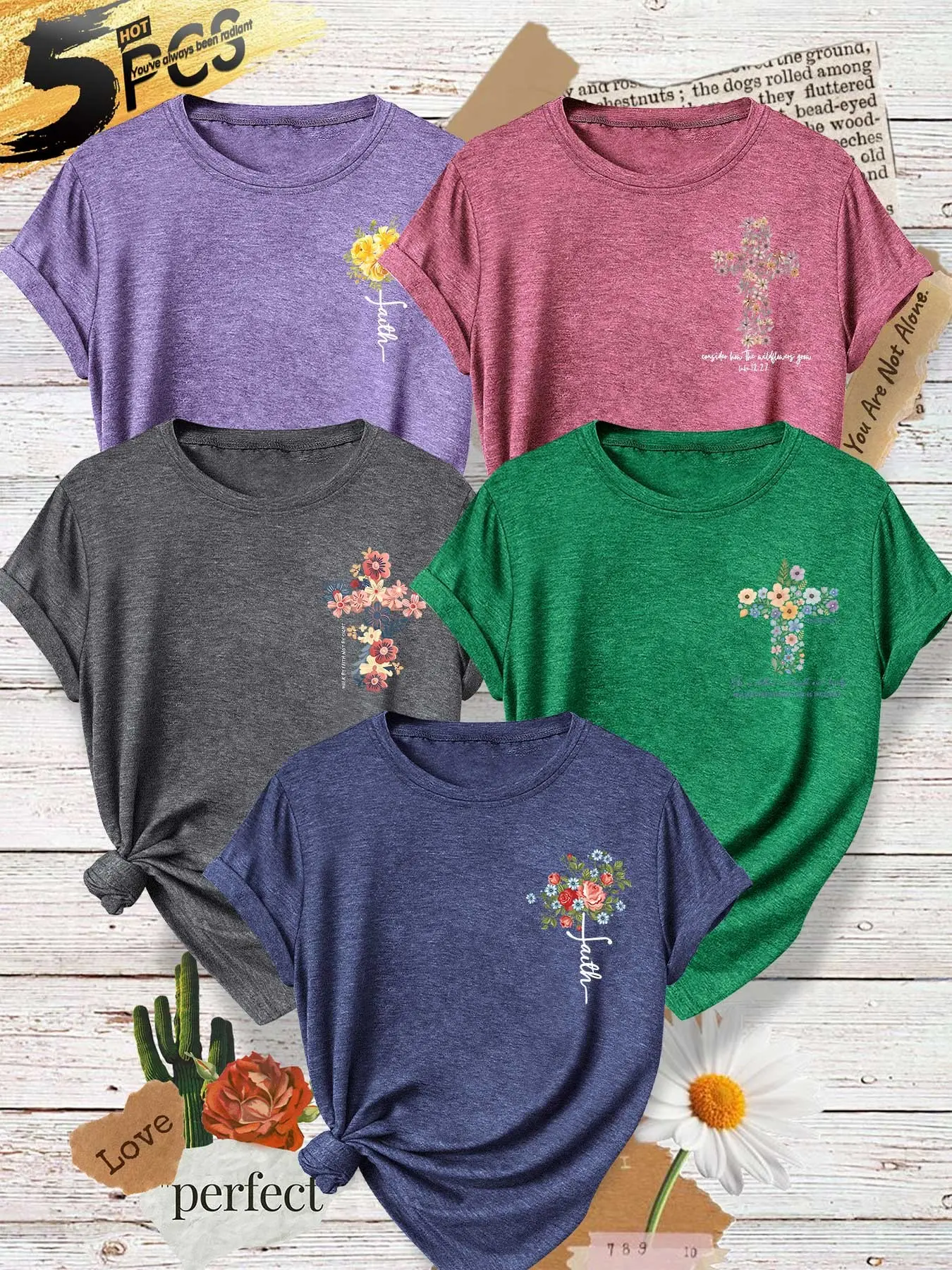 Five-Piece Women's Round Neck T-Shirts, Floral Cross Faith Print, Loose Short Sleeve, Soft Fabric, Casual Fashion Summer Top