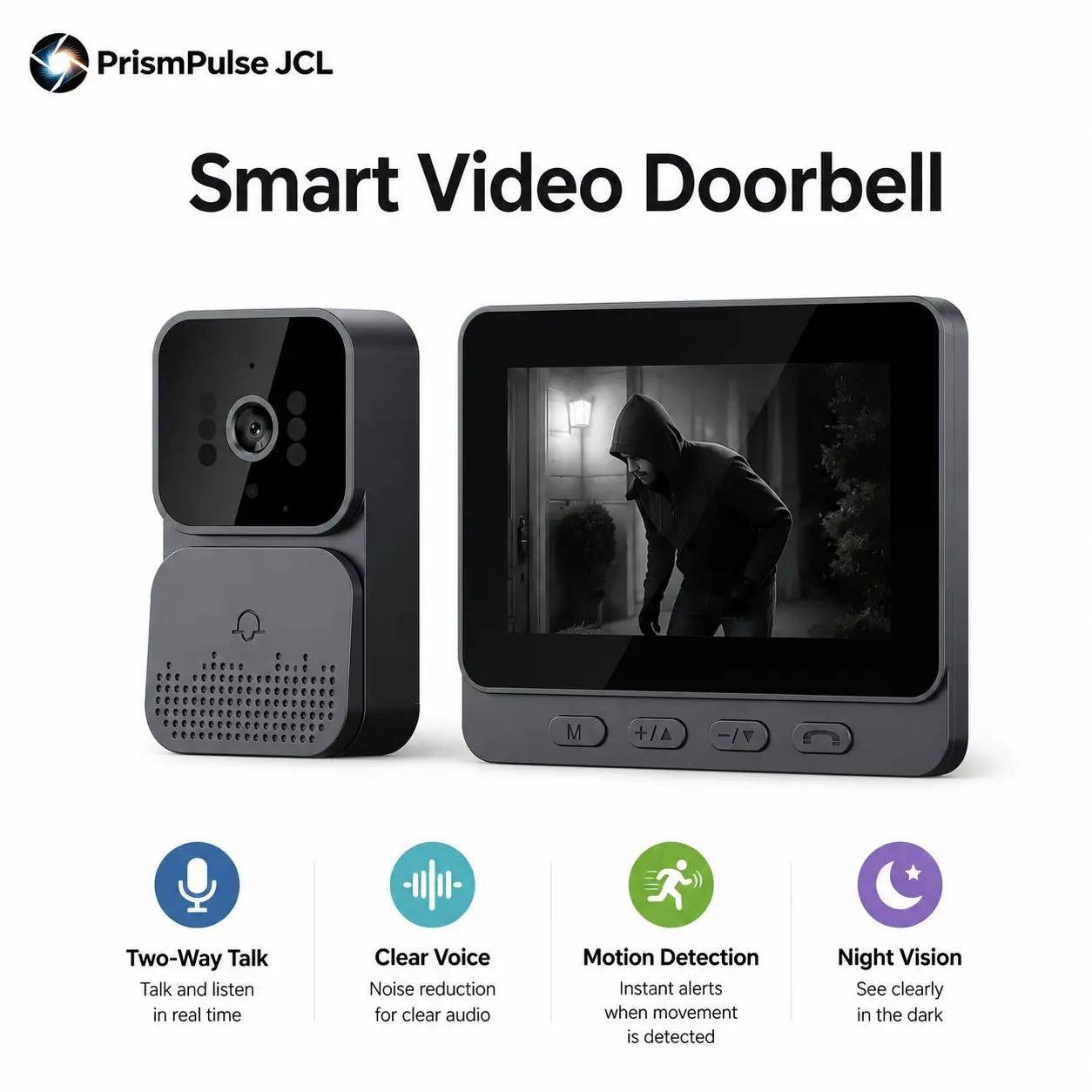 Smart Wireless Doorbell Camera with 4.3 Inch Display, Easy Installation, No APP Needed, Two-Way Voice, Rechargeable Battery, Wall Mount
