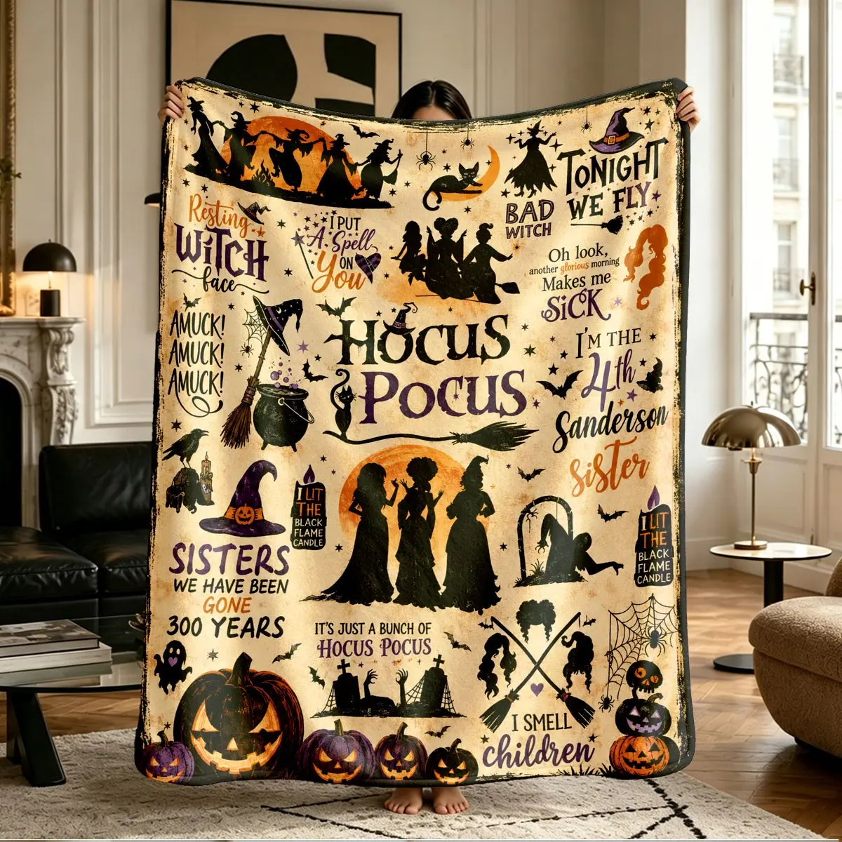 Comfortable Hocus Pocus Sanderson Witch Sisters Halloween Pumpkin Print Flannel Blanket, Soft Warm Anti-Pilling, Ideal Gift, Soft Blanket Throw