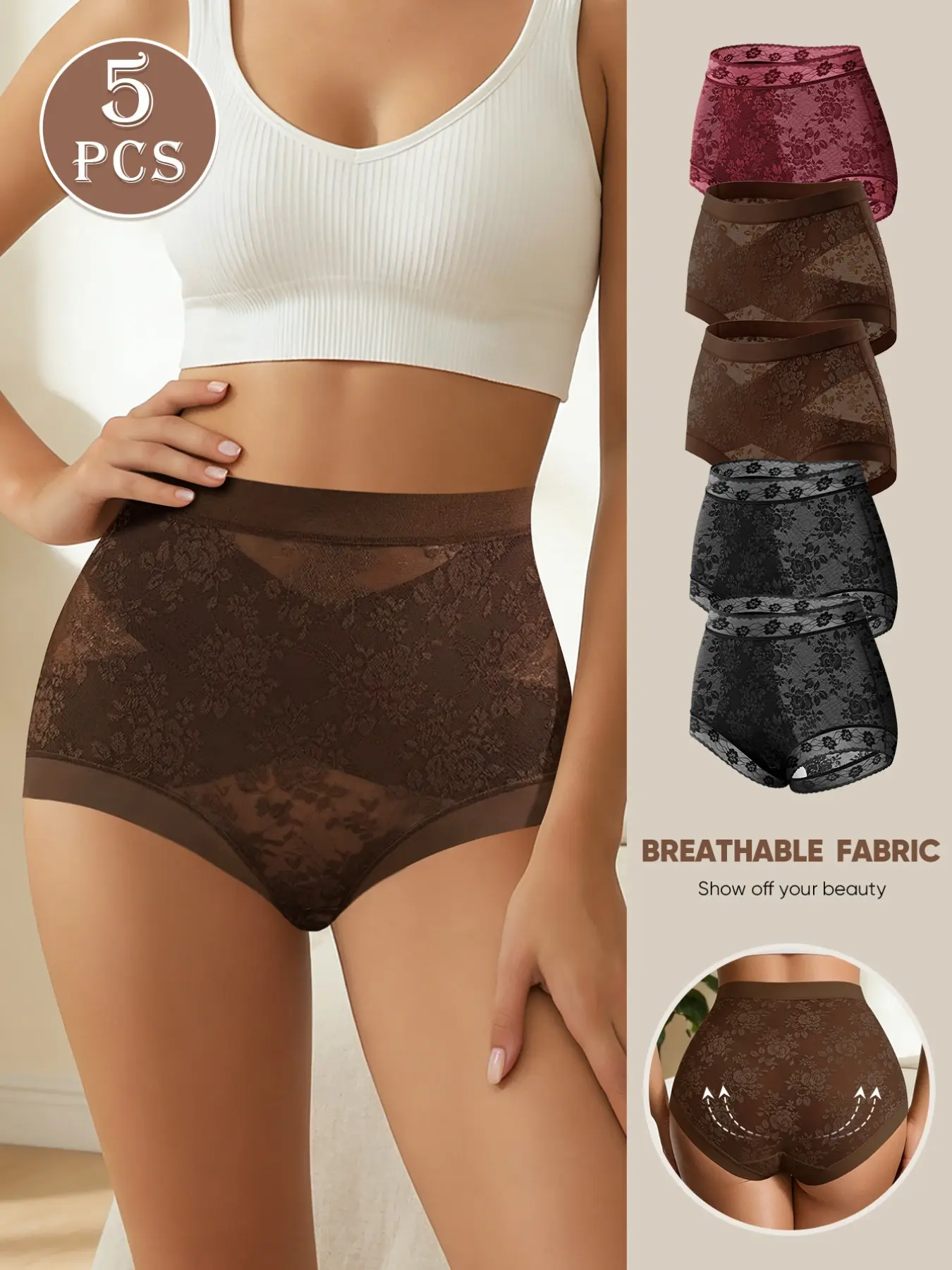 5 Pack Lace Panties, Luxury High Rise Breathable Tummy Smoothing Briefs, Slim-Fitting Underwear for All Seasons, Elegant Plain Design, High Waist Briefs