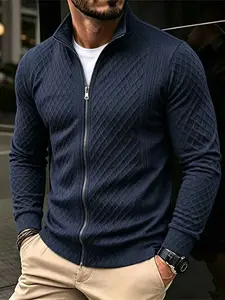 Men's Fashion Plaid Knit Sweater with Zipper, Slim-Fitting, Unlined, Fall & Winter Outdoor Wear, Casual Style for Spring & Autumn