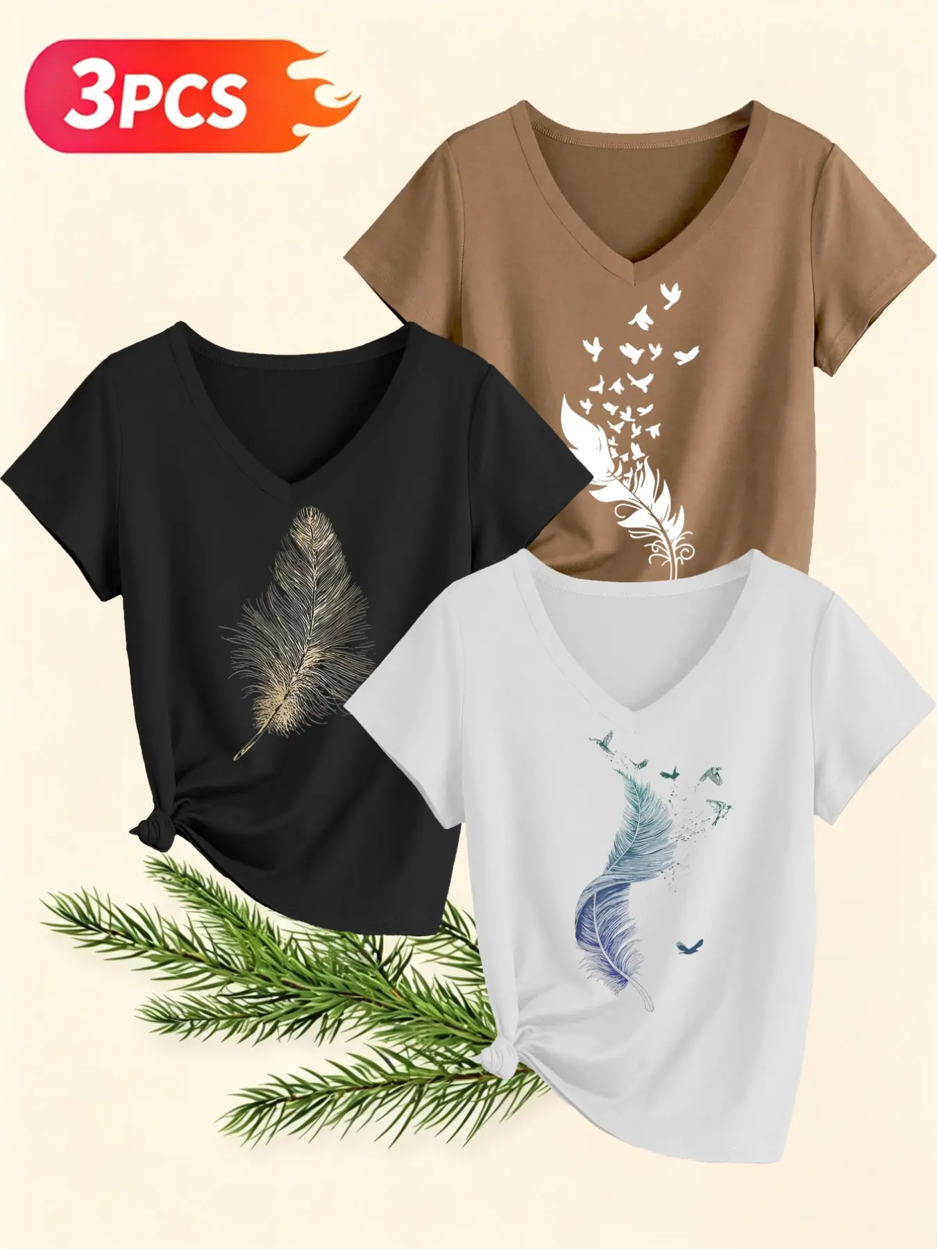 Women's 3-Pack Simple Feather Print T-Shirts, Fashion V-Neck Short Sleeve, Soft Skin-Friendly Fabric, Comfortable Fit